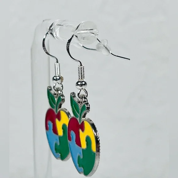Autism Puzzle Piece Apple Earrings - Picture 3 of 8